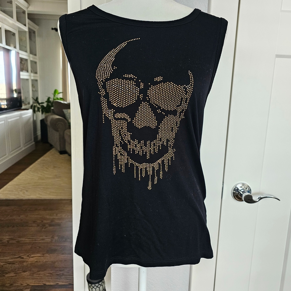 Black Sleeveless Top with Gold Skull Design